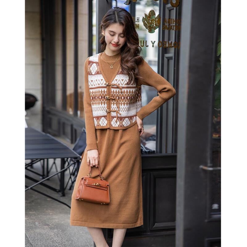 

ITISF4 Ethnic Style Color-Block Vest & Dress Two-Piece Set One Size