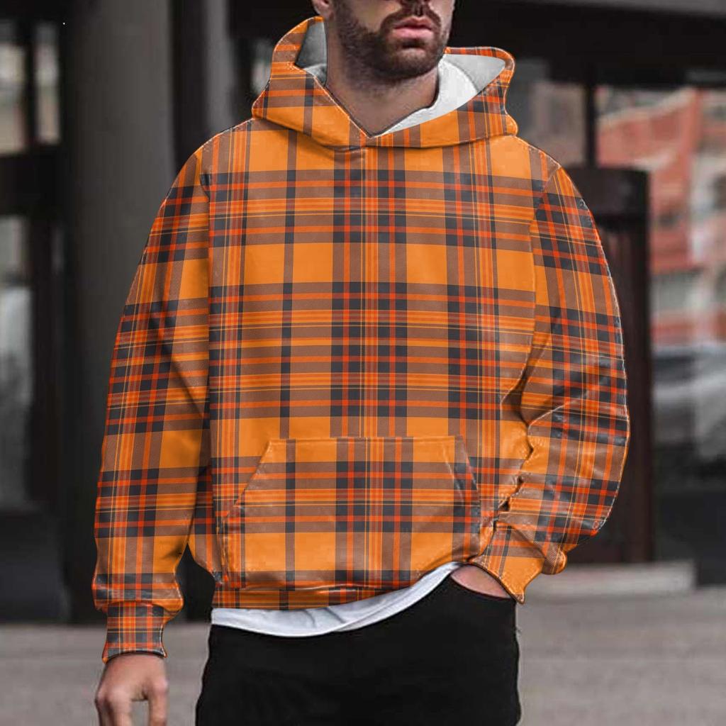 Men's Casual Pullover With Pockets Long Sleeve Plaid Hooded Tops