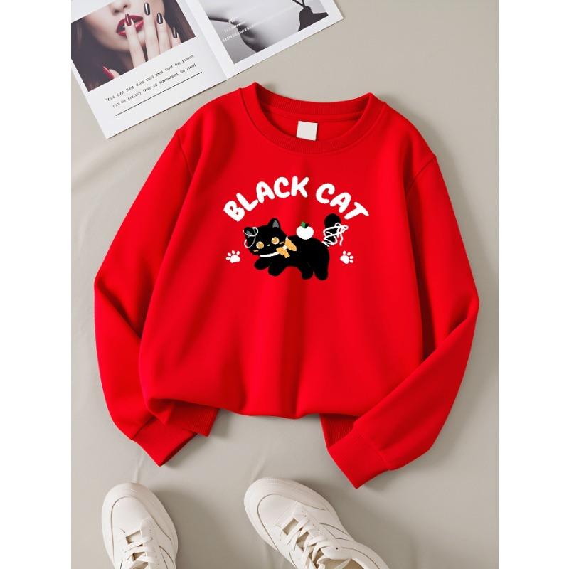 European sizes Girls' Round Neck Fashion Sweatshirt, Black Cat with Apple And Bow, Autumn Winter Trendy Print, Casual And Sporty.