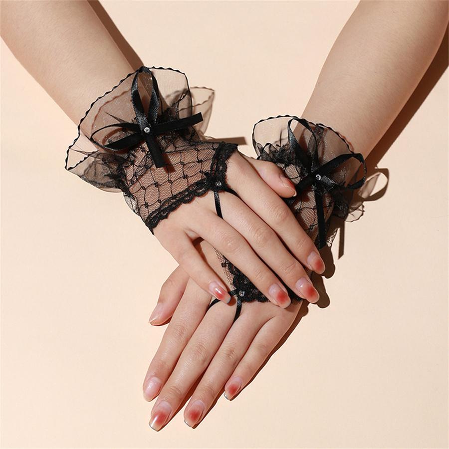 Elegant Short Lace Gloves with Bow, Fingerless Gloves for Wedding, Party & Cosplay