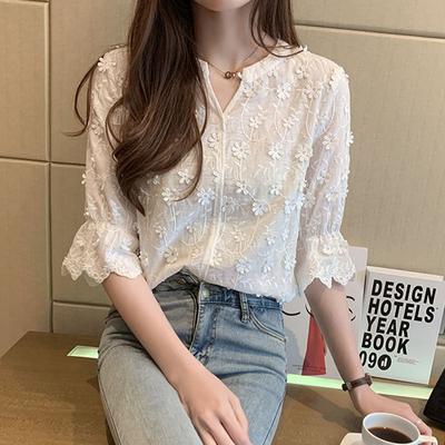 2023 Elegant Blouses Summer  Stereoscopic Embroidered White Lace Shirt Cotton Blouse Floral Short Sleeve Womans Shirt 9638