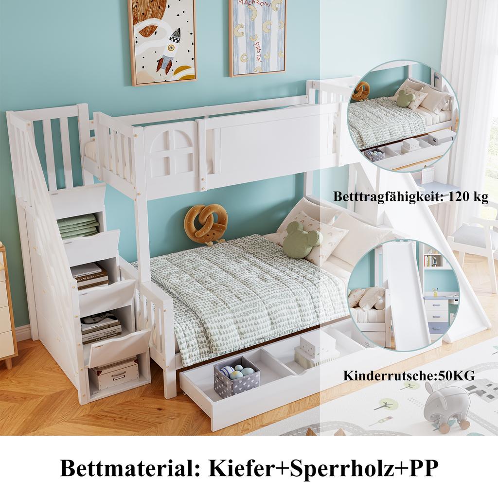 Bunk Bed, Children's Bed With Window, With Kids' Slide, Drawers with Wheels, Stairs with Handrail, With 4 Lockers In Stairs, Pine+MDF, White, 90x200