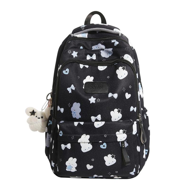 Cute Bear and Bow Print School Backpack with Multiple Front Pockets Casual Daypack for Girls