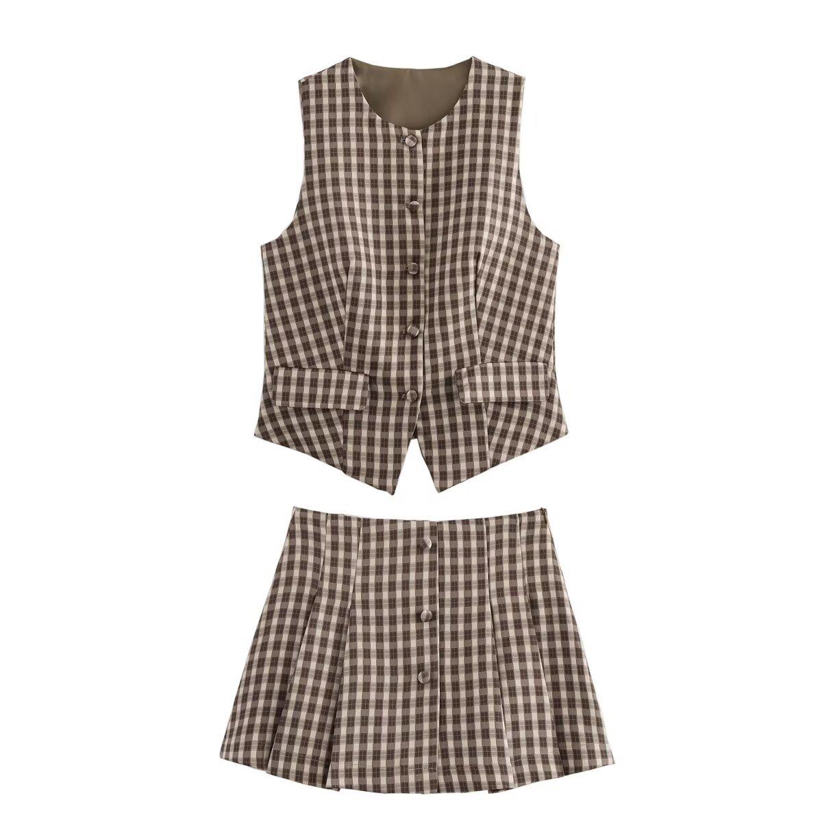 

2025 Early Spring Plaid Vest & Pleated Skirt Set for Women L