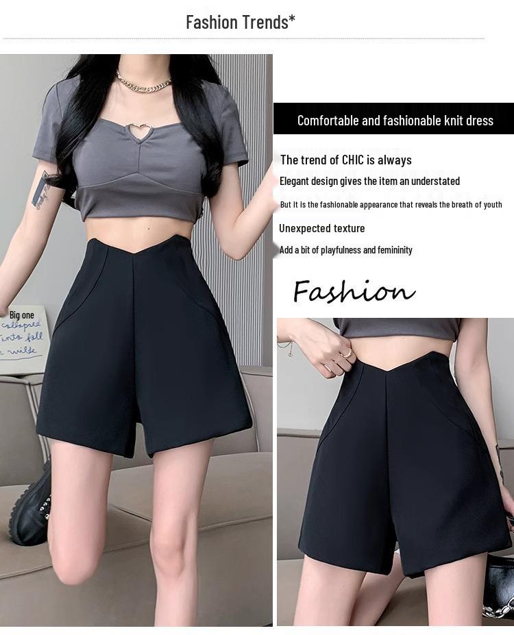 Women's Gray High-Waisted A-line Wide-Leg Suit Shorts - Slimming & Versatile for Summer 2024