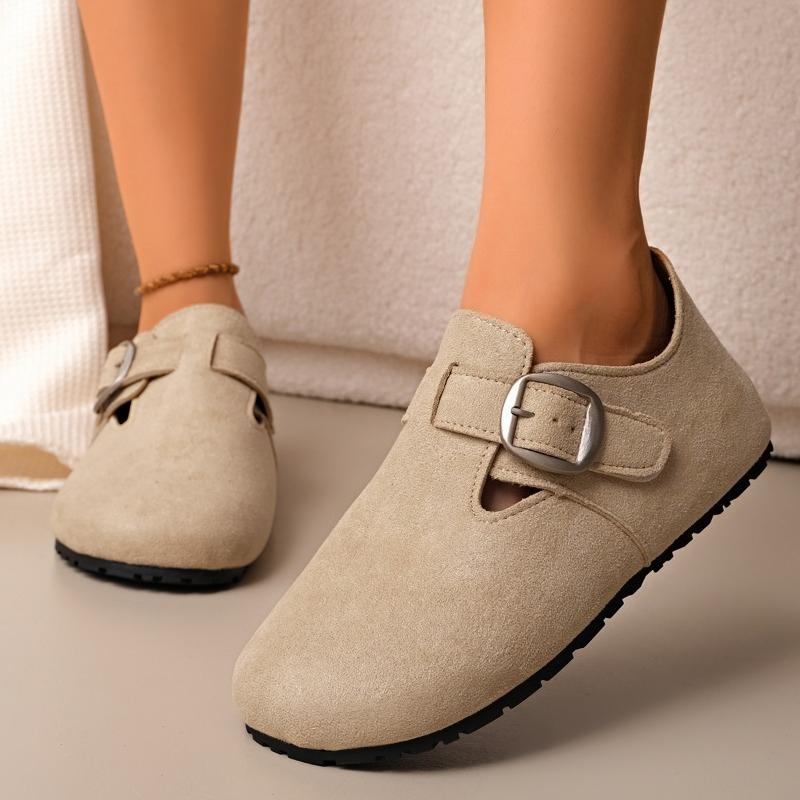 Fashion Plus Size Flat Single Shoes Autumn New Round Toe Suede Metal Buckle Soft Sole Anti-slip Wear-resistant Low Top Shoes