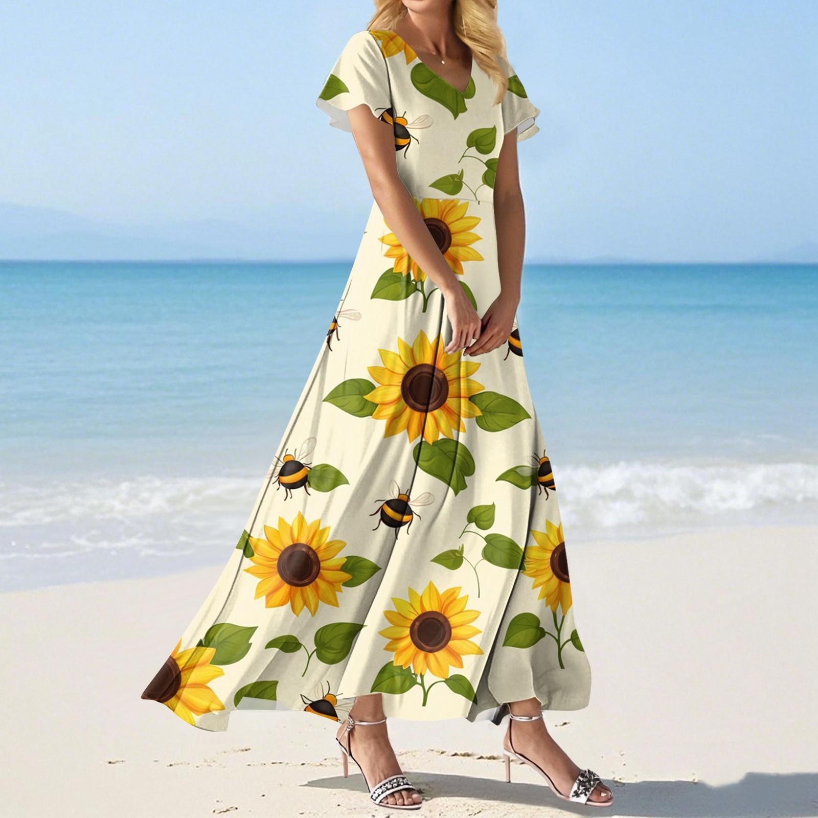 

Модное Женское свободное повседневное платье с V-образным вырезом, короткими рукавами и высокой талией XL жёлтый