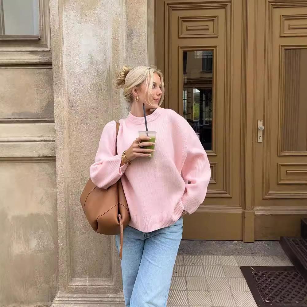 European and American style year winter new pink sweet round neck pullover lazy sweater