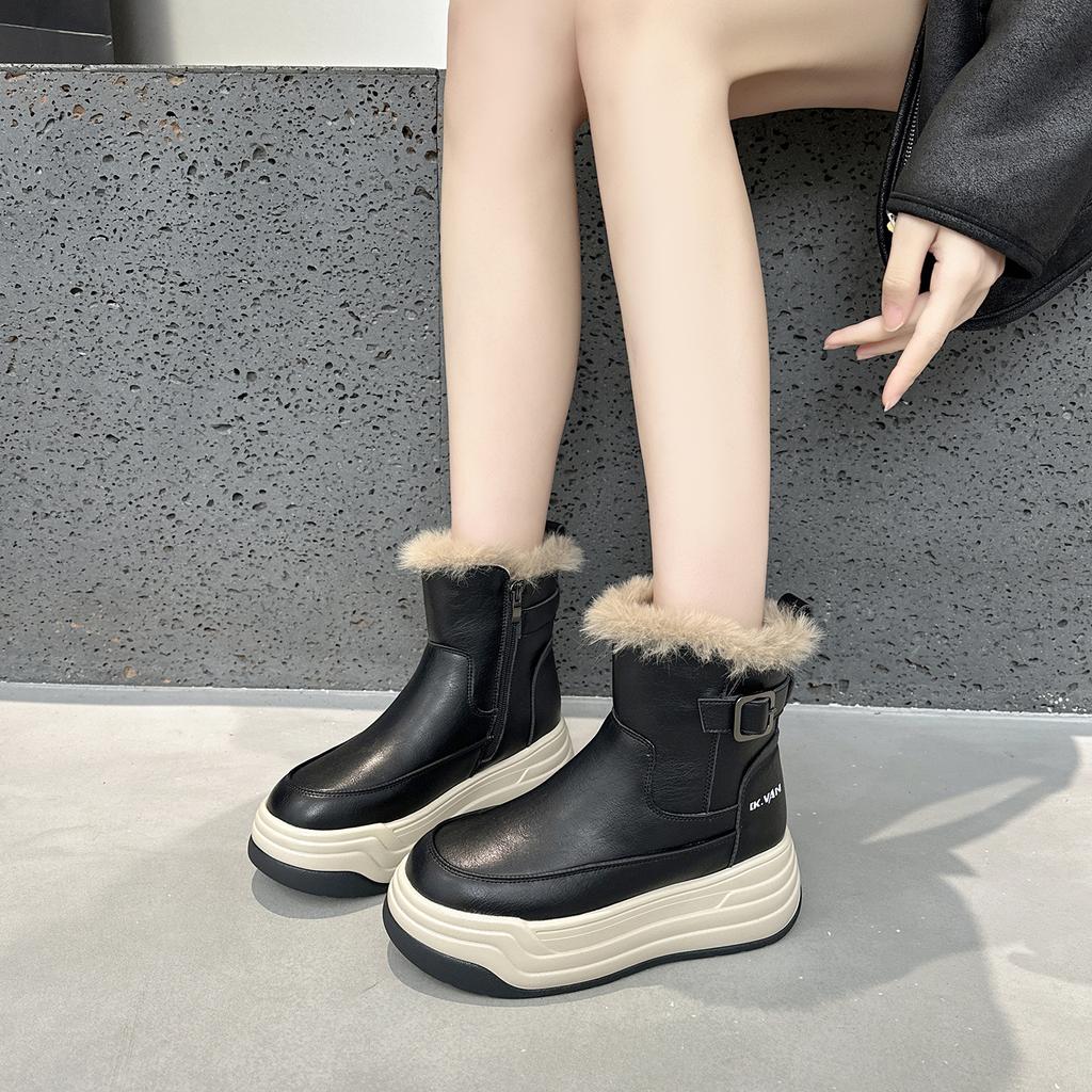Leder-Plateau-Martinsstiefel Damen Herbst und Winter Neu Kleines Samt Britischer Retro Kurze Stiefel