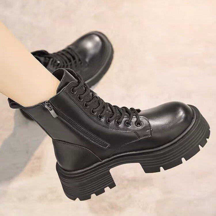 New thick-soled black Martin boots autumn and winter British style thick heel short boots small height-increasing boots