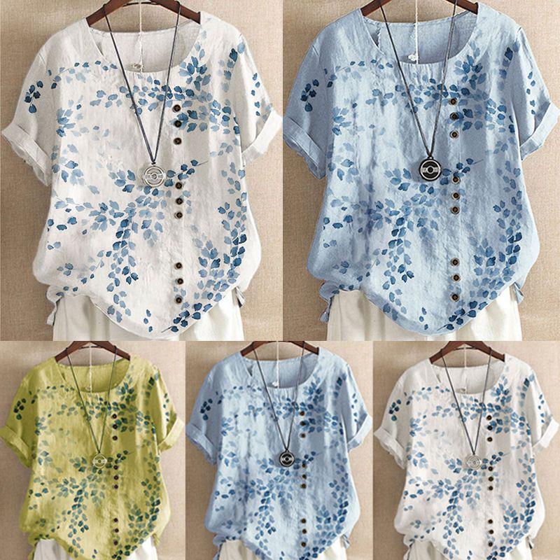 Ladies' Plus Size Floral Print Top Made From Soft Breathable Cotton Linen