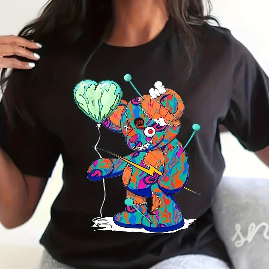 Colorful Bear Print T-Shirt, Casual Crew Neck Short Sleeve T-Shirt For Spring & Summer, Women's Clothing