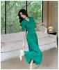 2026 Summer Korean Style Women's Polo Collar Short Sleeve Wool Knit Dress, Waist-Cinching, Slimming Long Dress.