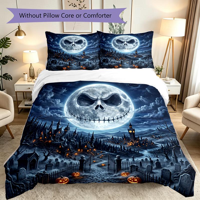 3pcs Halloween Jack Sally Skull Duvet Cover Set for Dorm Room Guest Room Decor, Soft Breathable, Not Comforter Set