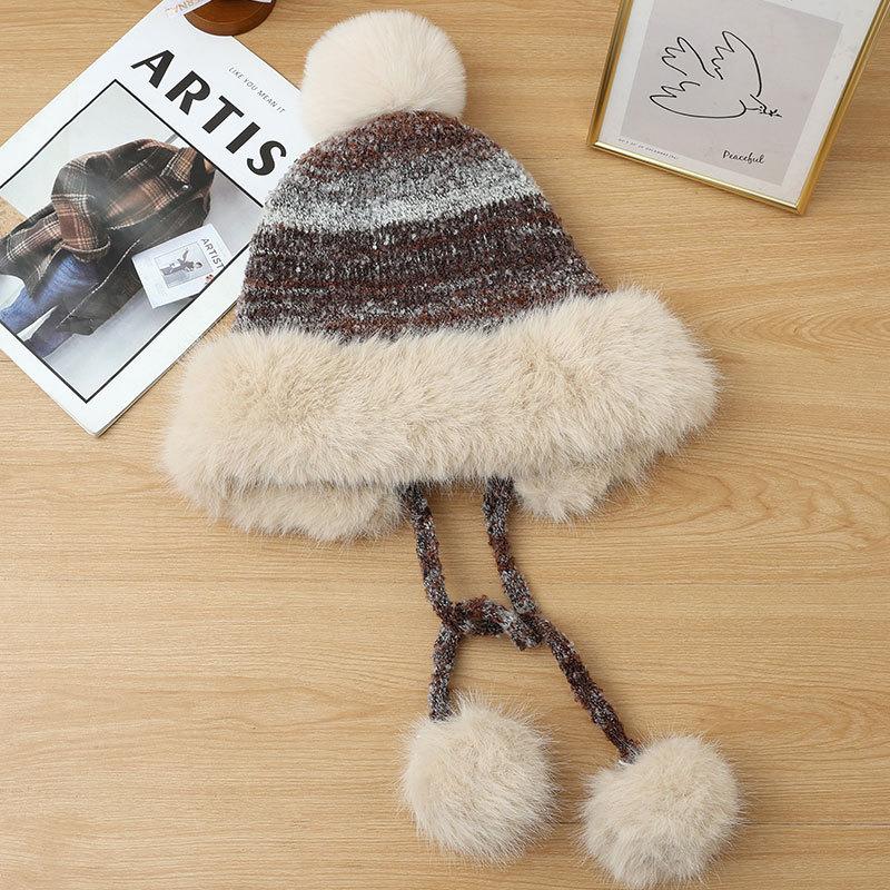 Ear Protection Knitted Thermal Hat Women's Autumn and Winter Piled Thickened Hairball Wool Colorful Hat