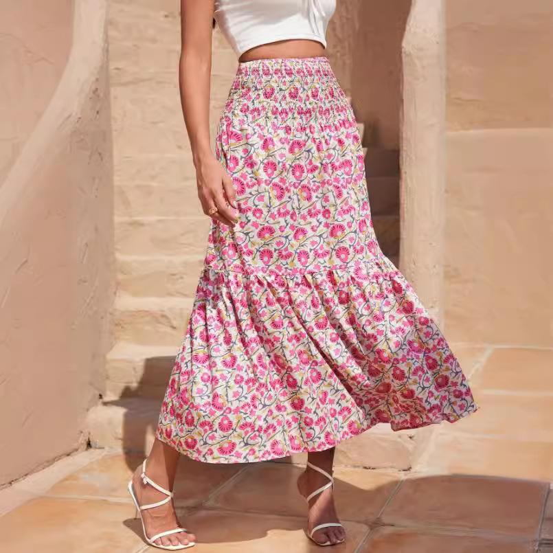 Kadınlar için Boho Çiçek Desenli Uzun Etek Yazlık Elastik Yüksek Bel Fırfırlı Maksi Etek Moda Plaj Tatili Eteği Nefes Alabilen Hafif Etek