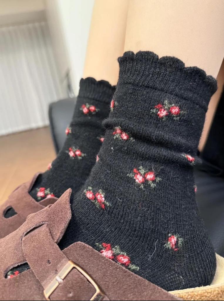 Coffee Floral Vintage Wool Socks - Women's Mid-Calf, Thick Warm for Autumn/Winter, Dark Gray Slouch for Snow Boots