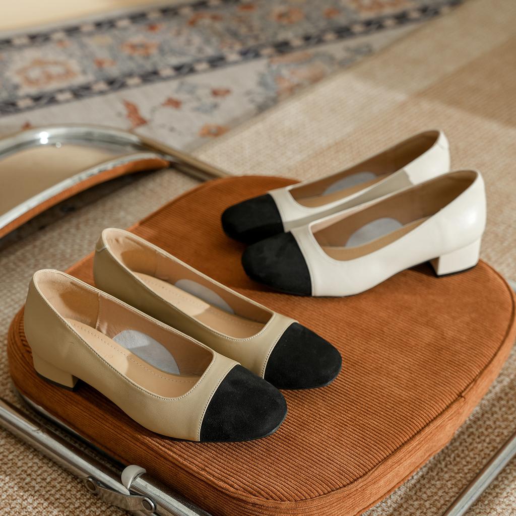 Leder quadratischer Kopf Farbabstimmung kleiner Duftstil niedriger mittlerer Absatz Blockabsatz Einzelne Schuhe Damen Koreanische Version Frühling und Herbst neu Frenc