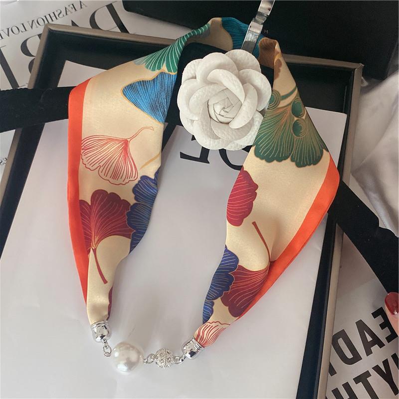 New Luxury Design Magnetic Pearls Button Silk Scarf Women Summer Neck Ornament Silk Scarves Lady Shirt Sunscreen Decoration Gift