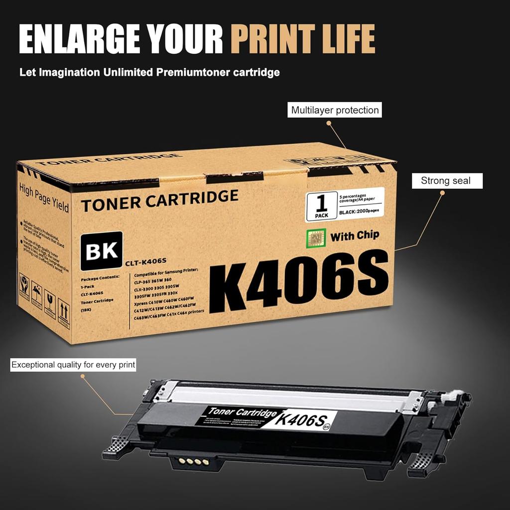 1 Packung CLT-K406S Schwarze Tonerkartusche, Kompatibel für Samsung CLT-K406S CLT-K406S Toner Ersatz für CLP-365 365W 360 Xpress C410W C460W C460FW