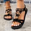 Women's Elegant Rhinestone Butterfly Flat Sandals - Black Open-Toe Slip-On with Golden Floral Buckles, Secure Elastic Strap, Ladies Sandals