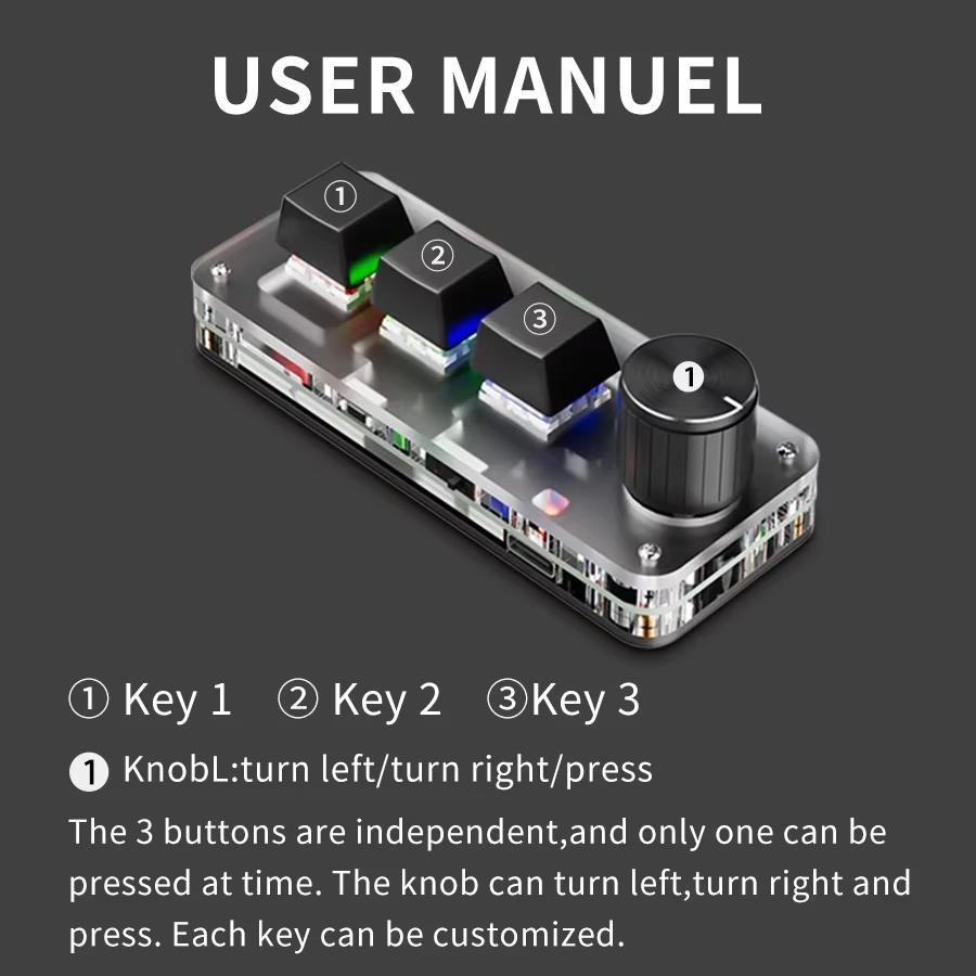 USB Wired Mini Keyboard 3 Keys 1 Knob Macro RGB Programming Custom Mechanical Keyboard Portable Keypad for Gaming Photoshop