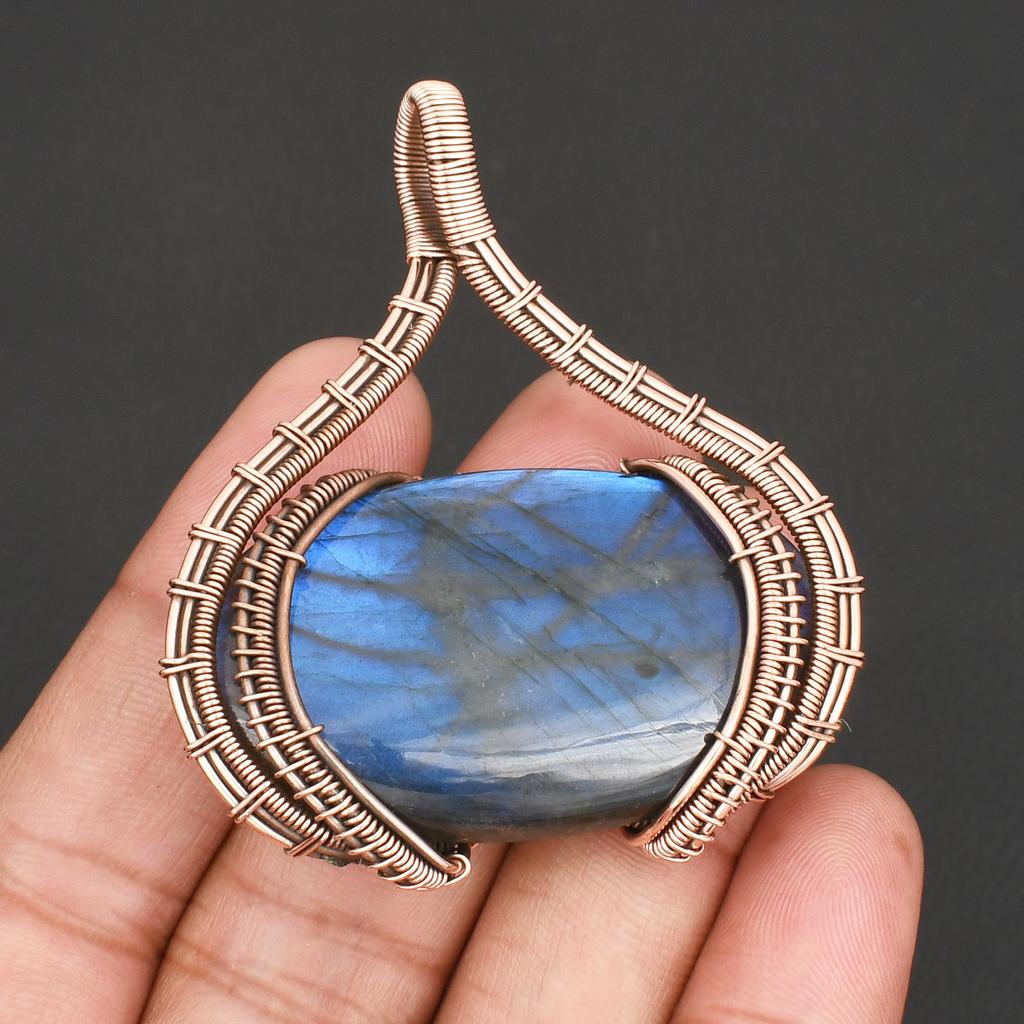 Pendentif Labradorite Bleue Naturelle Fil de Cuivre Enroulé à la Main Collier Style Antique Bijoux pour Femmes