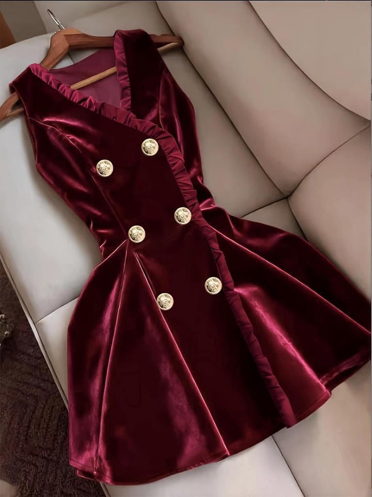 Europäisches Samt-Minikleid mit V-Ausschnitt und Rüschenbund, ärmellos, figurschmeichelnd, Stil 2026.