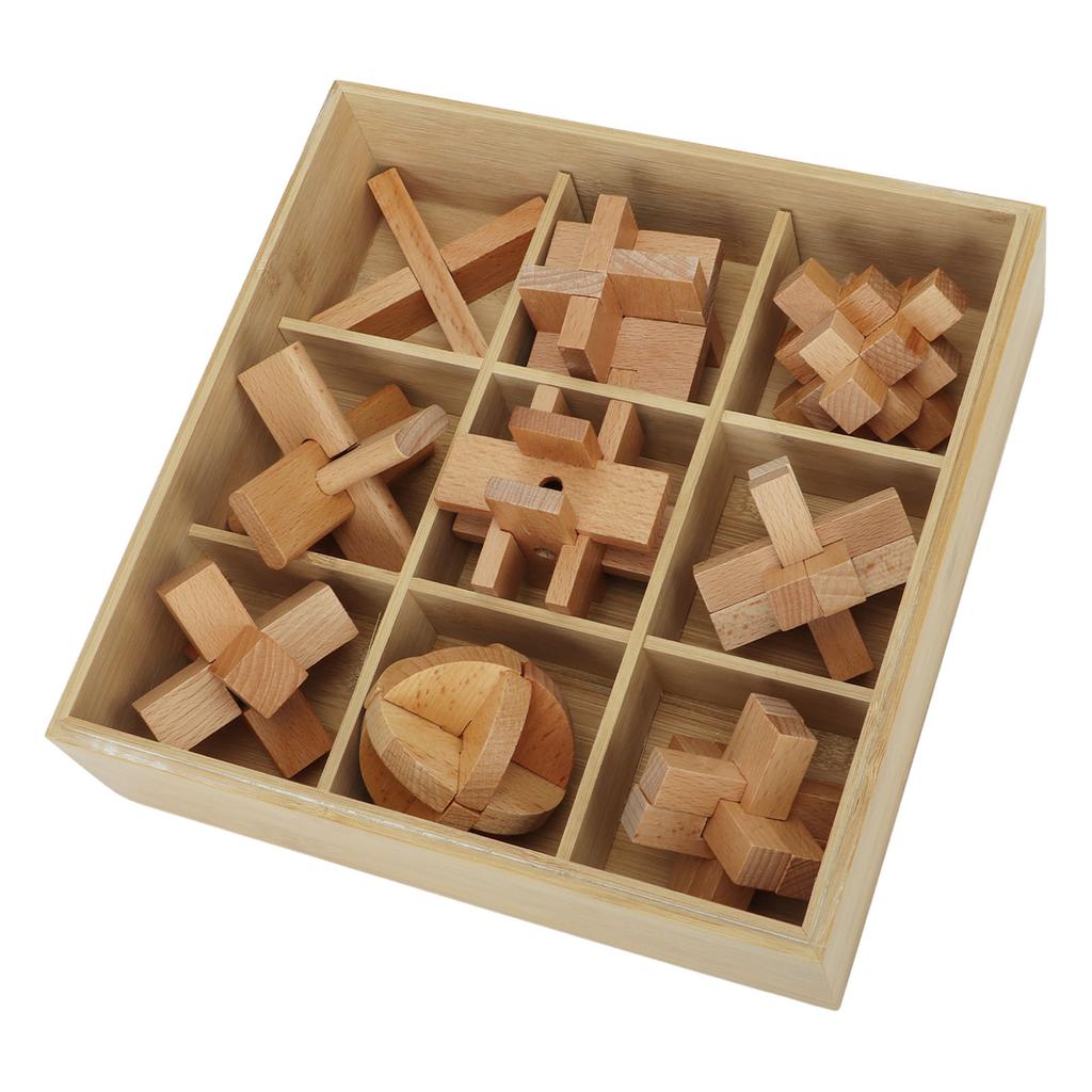 9 Pcs Brain Teaser Puzzle 3D Unlock Interlock Wooden Brain Test Game Educational Intellectual Lock