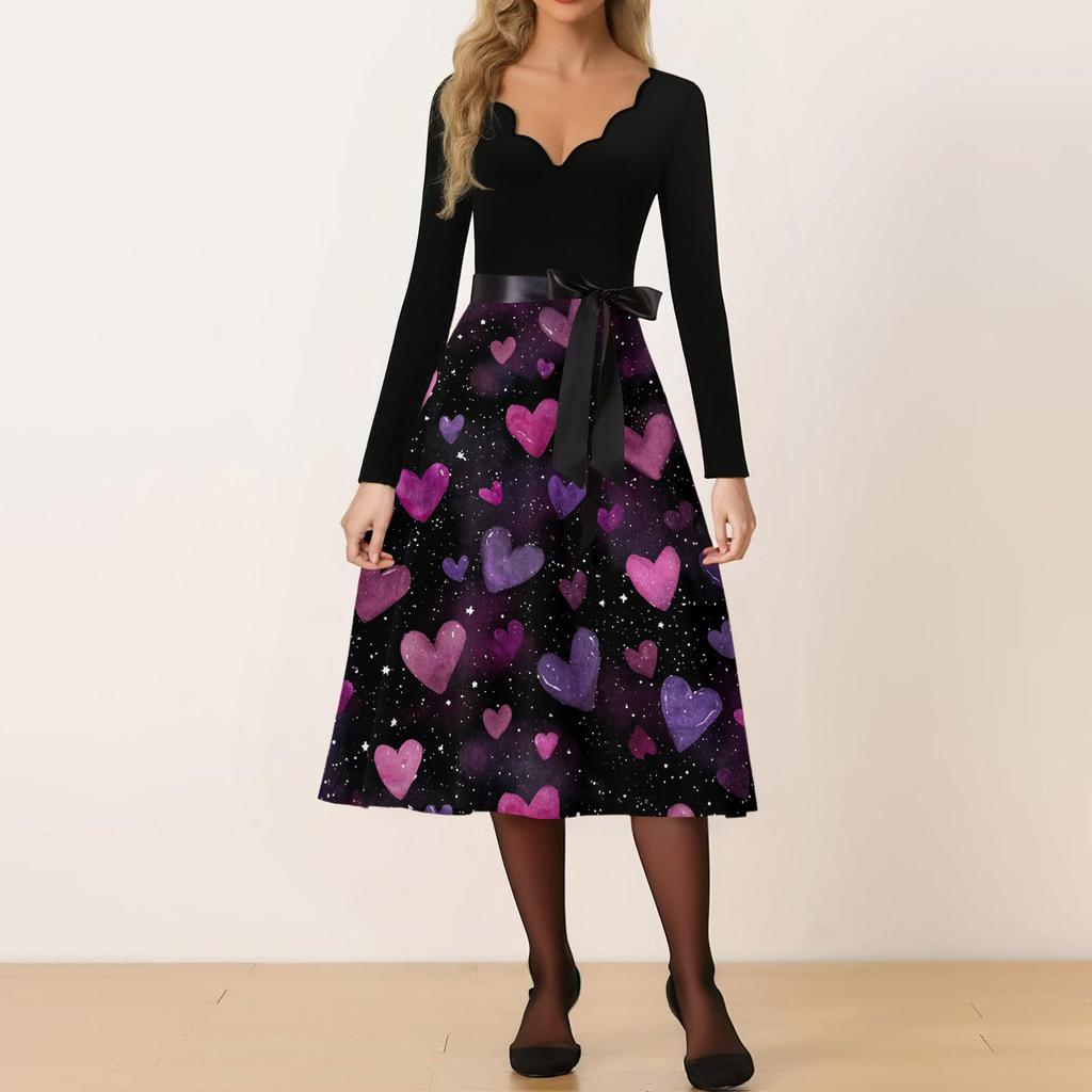 Damen Casual Mode V-Ausschnitt Valentinstag Print Retro Kleid