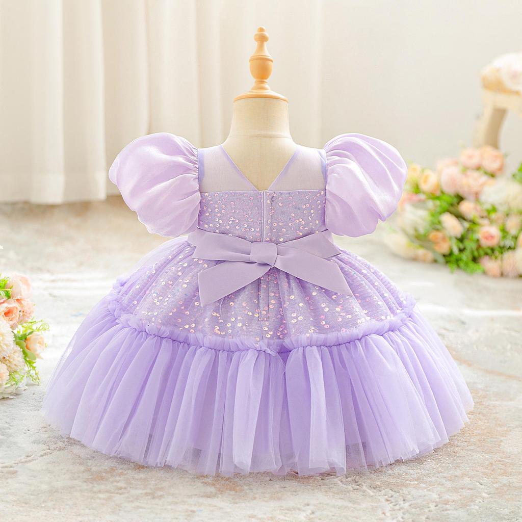 2025 New Children's Sequined Tulle Flower Girl Princess Dress with Puff Sleeves