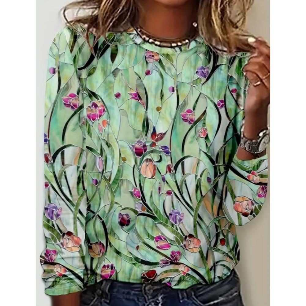 Women Long Sleeved Round Neck Pullover T-shirt Top with Elegant and Fashionable Floral Print Casual Style T-shirt for Women
