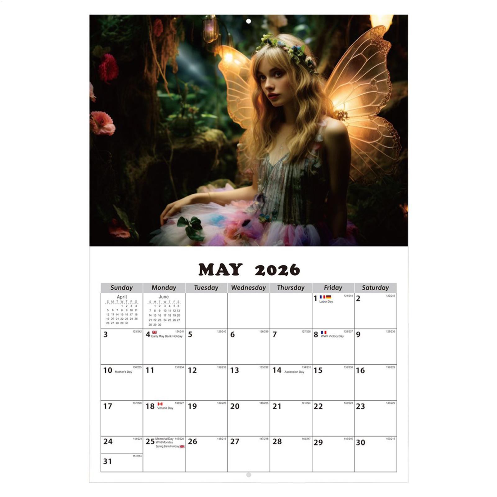 

Календарь фей на стену 2026 Очаровательный календарь с феями-принцессами 2026 Домашний фэнтези-арт Ежедневный планировщик-органайзер Декор для China Mainland