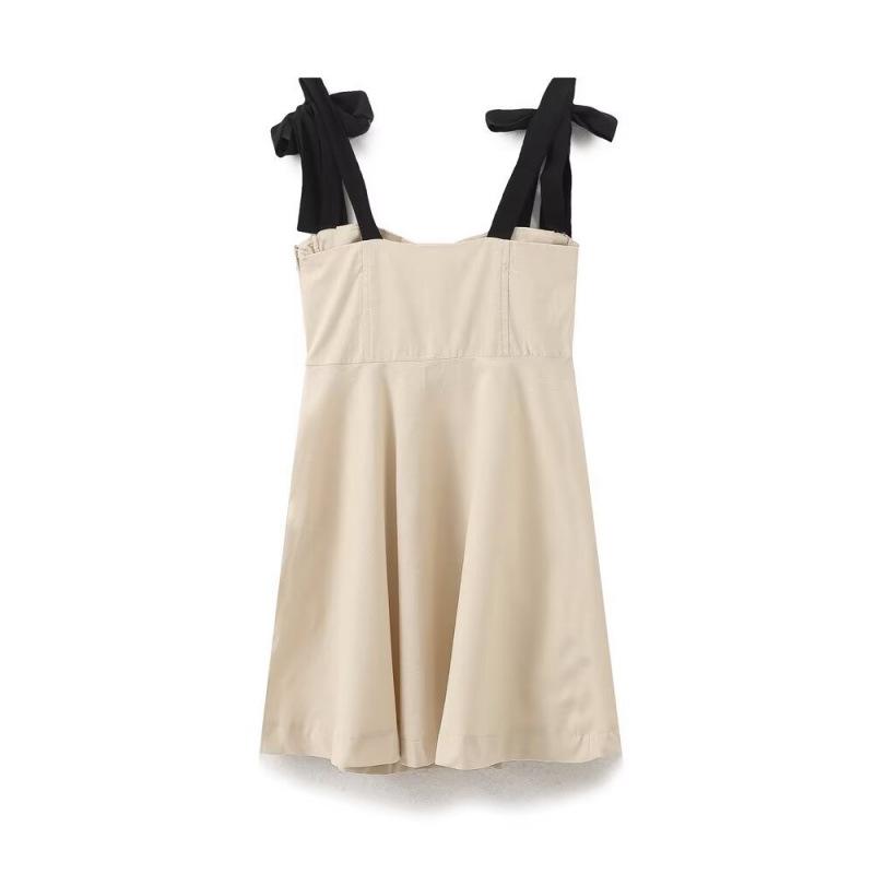 Summer Retro Color Block Bow Spaghetti Strap Dress - European & American Linen Blend Women's Clothing