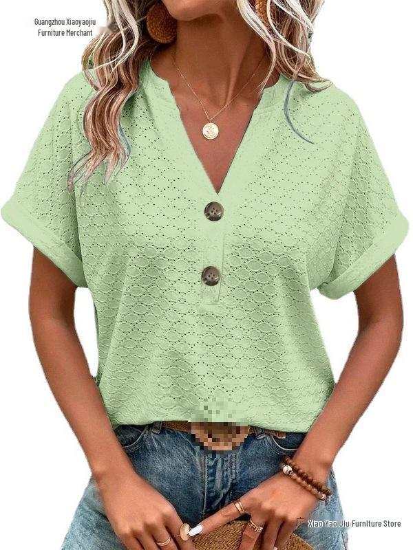 Spring/Summer 2026 Women's Casual V-Neck Button T-Shirt - Sweet Short Sleeve, Solid Color