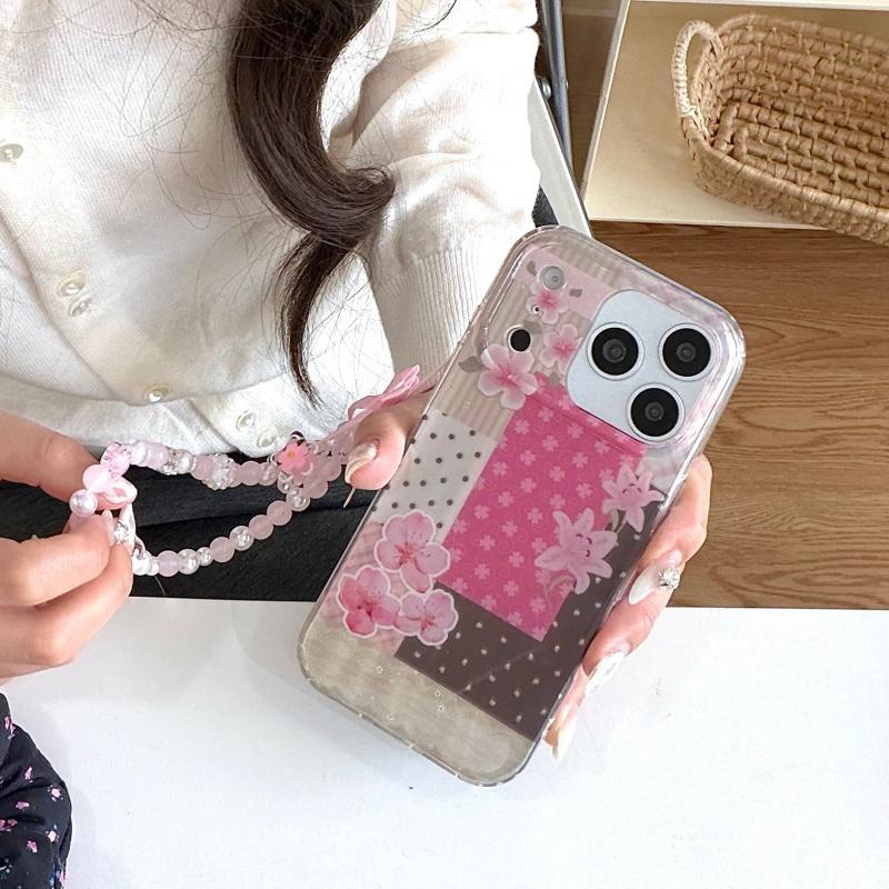 Fashion Cute Flower Painting Case For iPhone 17 Pro Max 16 14 15 Pro Phone Cover with Chain For Apple 16 Pro Max Protective Case