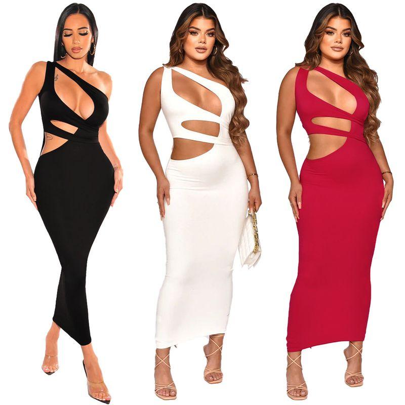 

2023 Women s Slant Shoulder Irregular Skirt Slim Dress Dress Black L