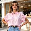 Women Shirt Lapel Flying Short Sleeves Buttons Placket Shirt Tops Pure Color Loose Fit