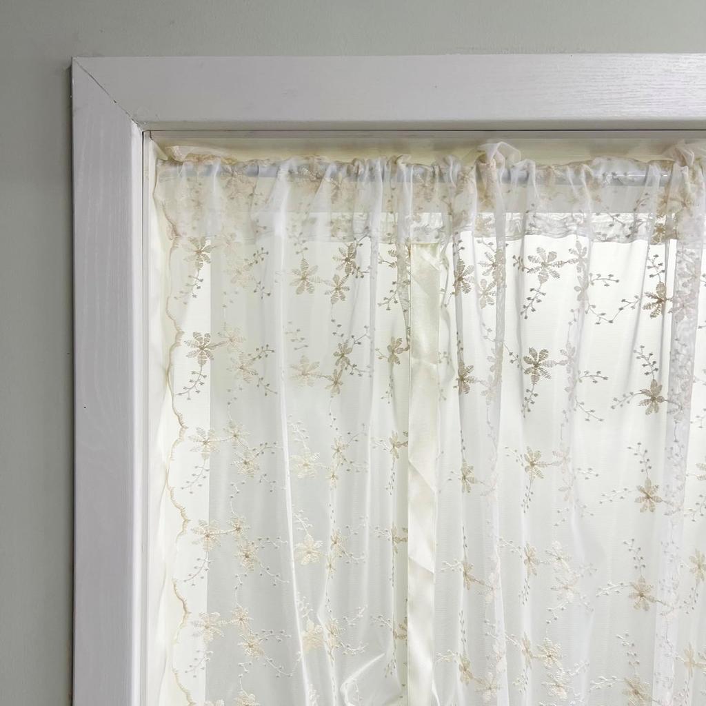 KMSG Bowknot Tie Up Kitchen Curtain Floral Balloon Lace Sheer Curtain Tiers for Small Cafe Windows Rod Pocket Light Filtering Ruffled Voile Window