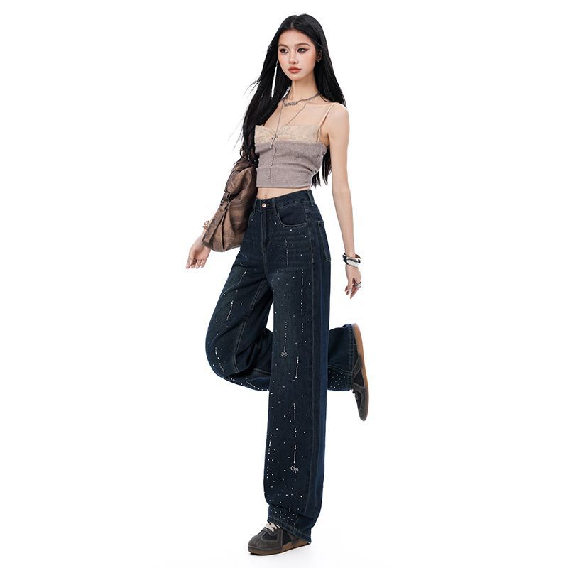 Spring Summer Rhinestone Vintage Relaxed Drape Floor Straight Wide Leg Denim Pants For Women Casual Pants Oversize Denim Trousers