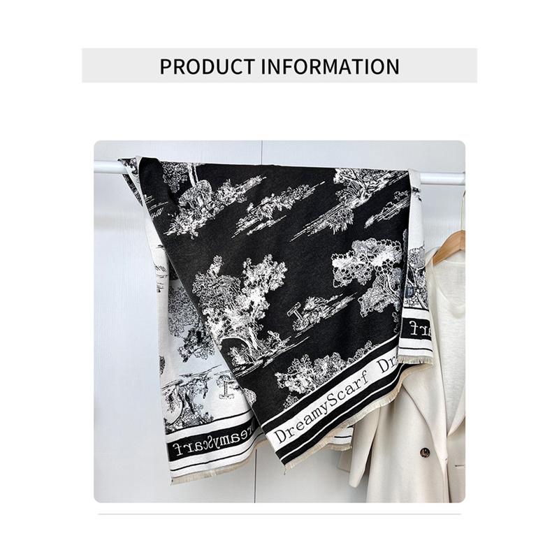 180*66cm Damski Luksusowy Szal Szalik Imitacja Kaszmiru Atramentowy Styl Chiński Jesień Zima Ciepłe Dodatki Odzieżowe