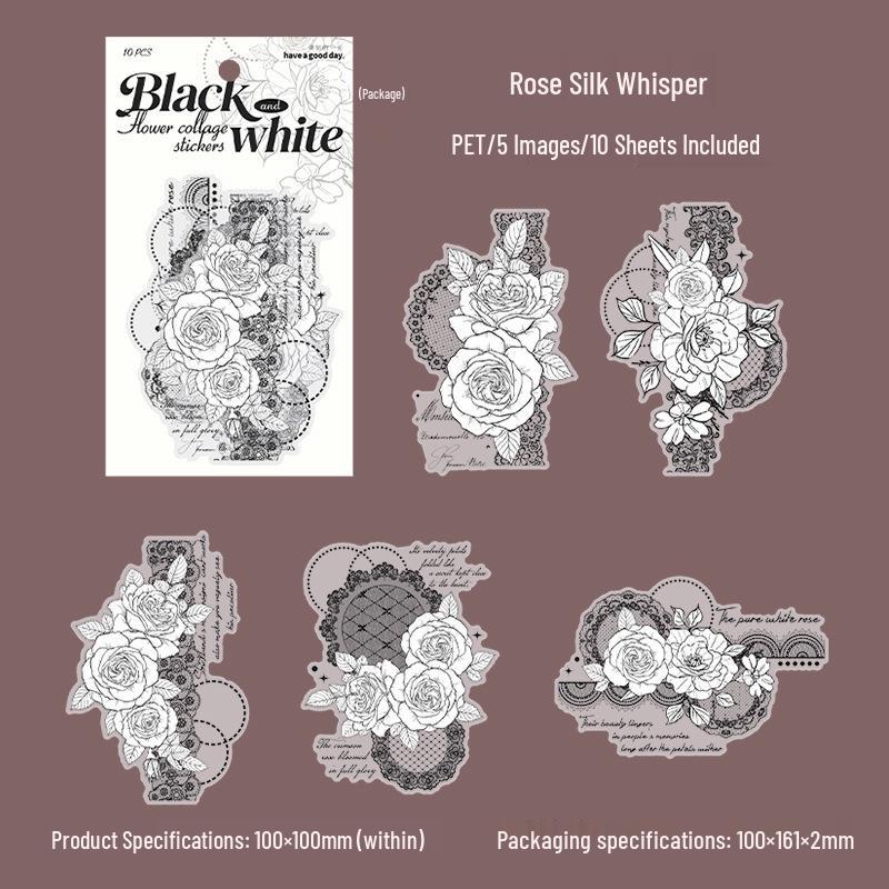 Красивый день: Большие Черно-Белые Цветочные Коллажные Наклейки, 6 Стилей, 10 Листов в Упаковке