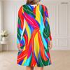 Women Plus Size V Neck Long Sleeve Blue White Printed Curved Hem Dress