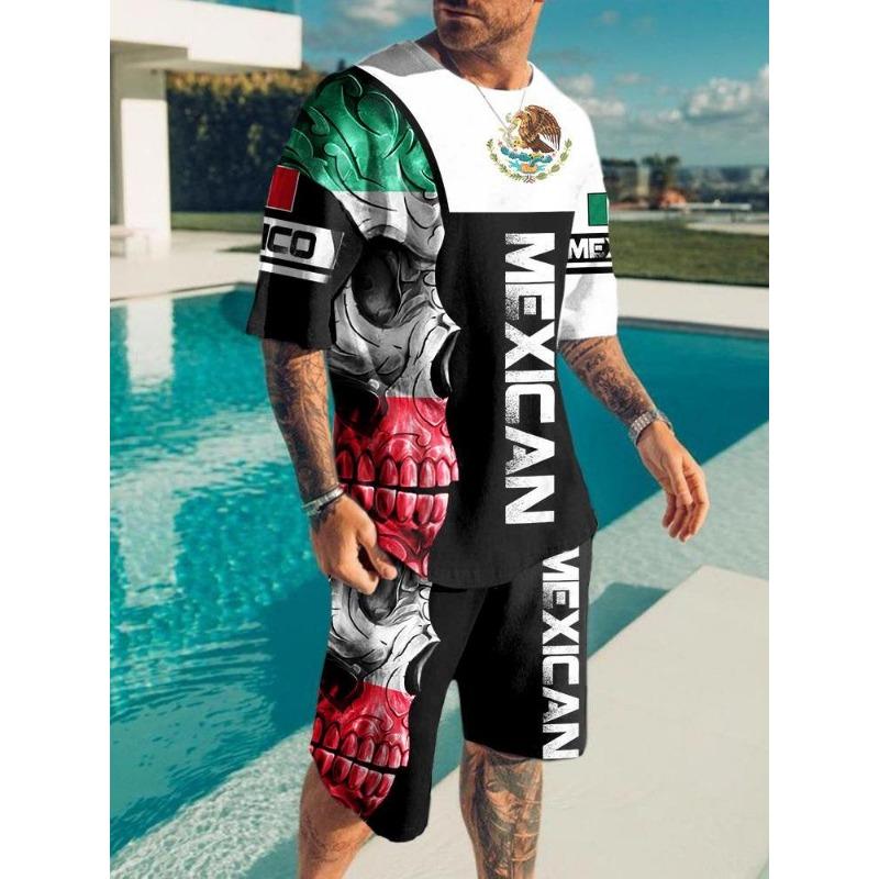 Fashion Casual Vacation Summer Men's Suit Skull 3D Printed Sportswear Short-sleeved Suit Oversized Round Neck T-shirt Shorts 2-piece