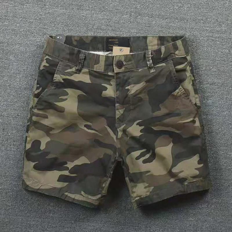 Shawn Yue Men's Loose Straight Camo Cotton Shorts - Elastic Waist, Casual Retro Design.
