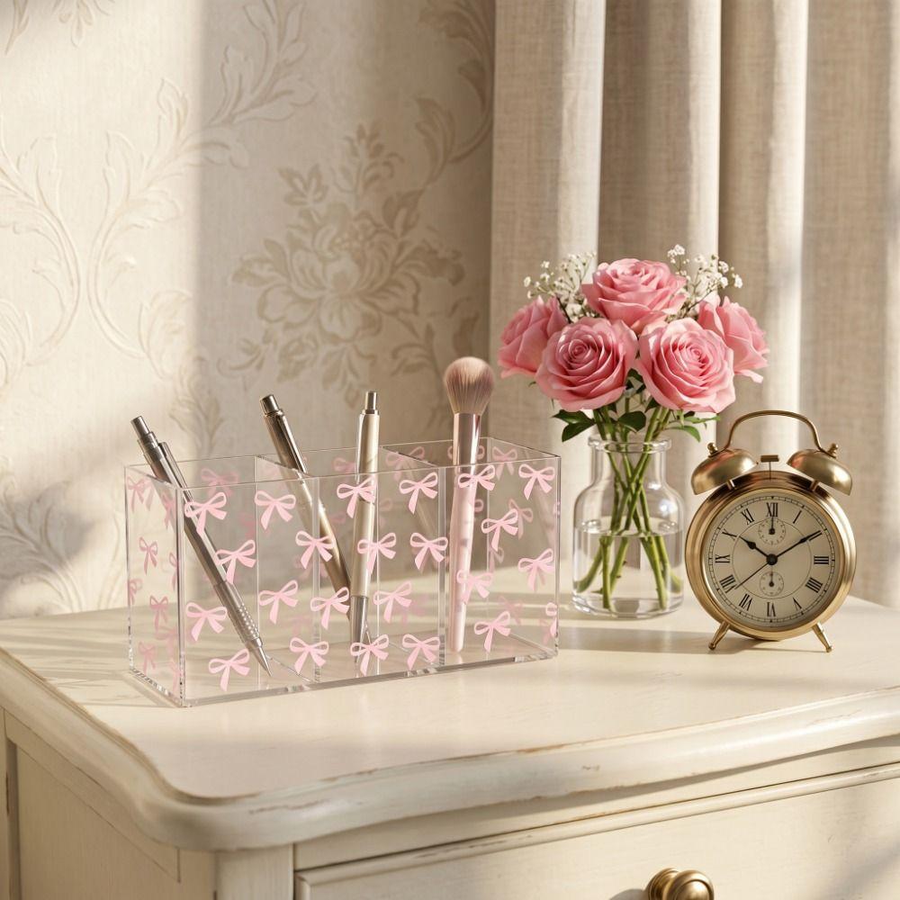 Transparent Makeup Brush Holder 3 Grids Stationery Storage Box Pen Display Case  for Living Room
