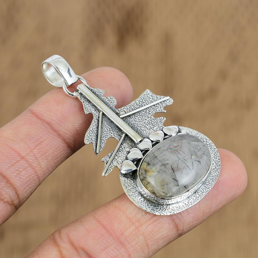 Mothers day Deal Oval Black Rutile Stone Anniversary Birthday Pendant 925 Silver