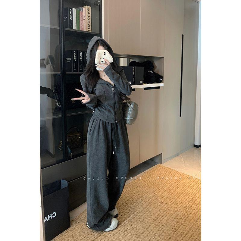 Kumikumi Idle Style Set Loose Hood Long sleeve Outerwear Women Autumn All-Match Drape Casual Pants Two-piece Set