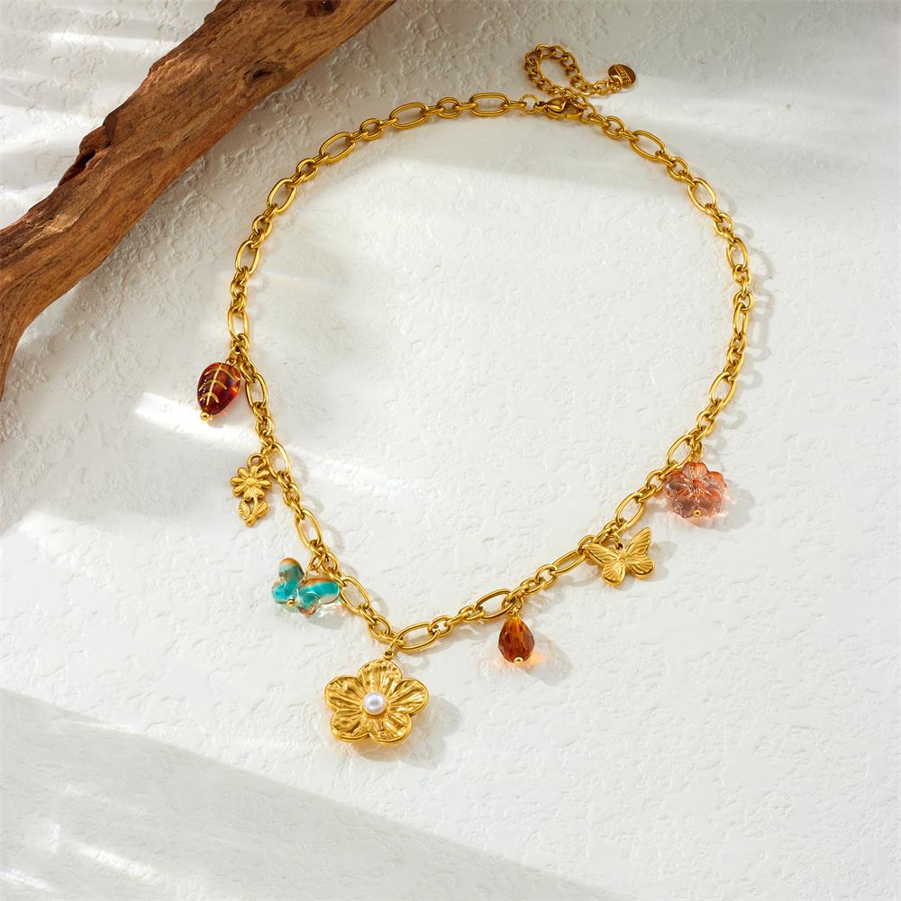 DIEYURO 316L Stainless Steel Golden Flower Butterfly Pearl Necklace For Women Trend Non-Fading Clavicle Chain Glamorous Gift