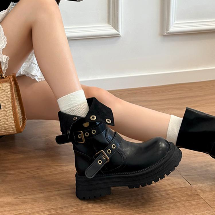 Spot Thick-soled Maillard Medium Tube High-heeled Short Boots for Women's Autumn and Winter New Retro British Style Thin and Heightened Martin Boots